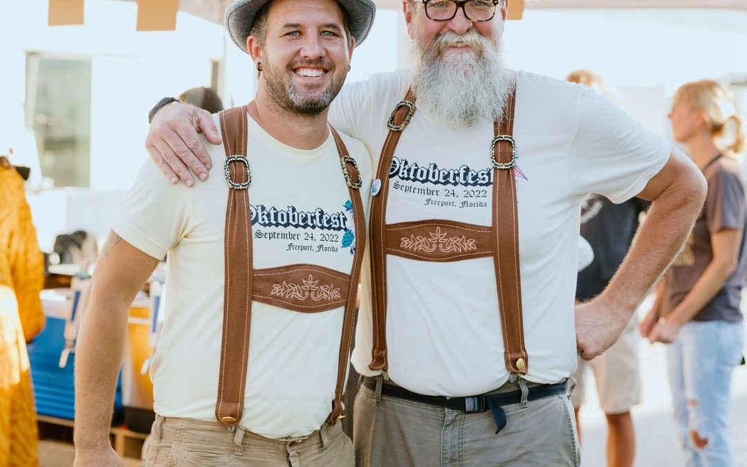 Image of men dressed in Oktoberfest garb. Men are Co-owner and manager.