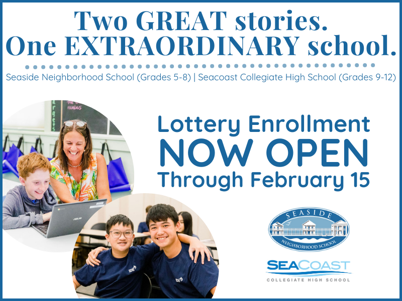 Banner ad about the Lottery for attendance at Seaside School. 