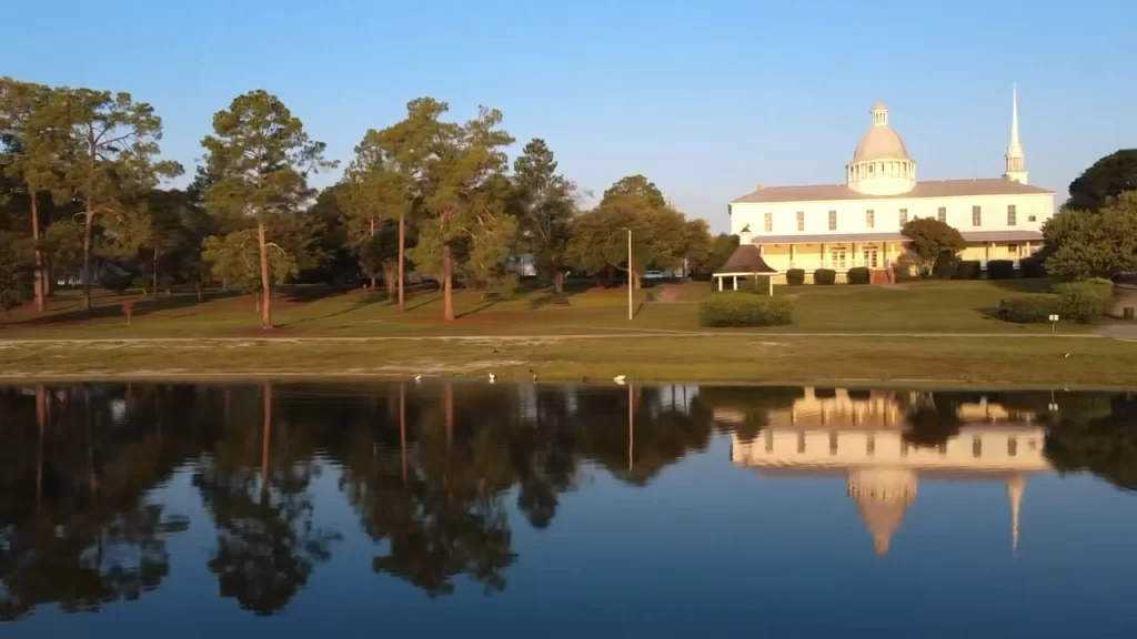 Image of the Chautauqua Hall of Brotherhood aerial at sunrise in Defuniak Springs.
