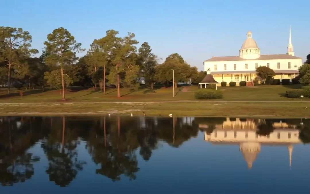 Image of the Chautauqua Hall of Brotherhood aerial at sunrise in Defuniak Springs.